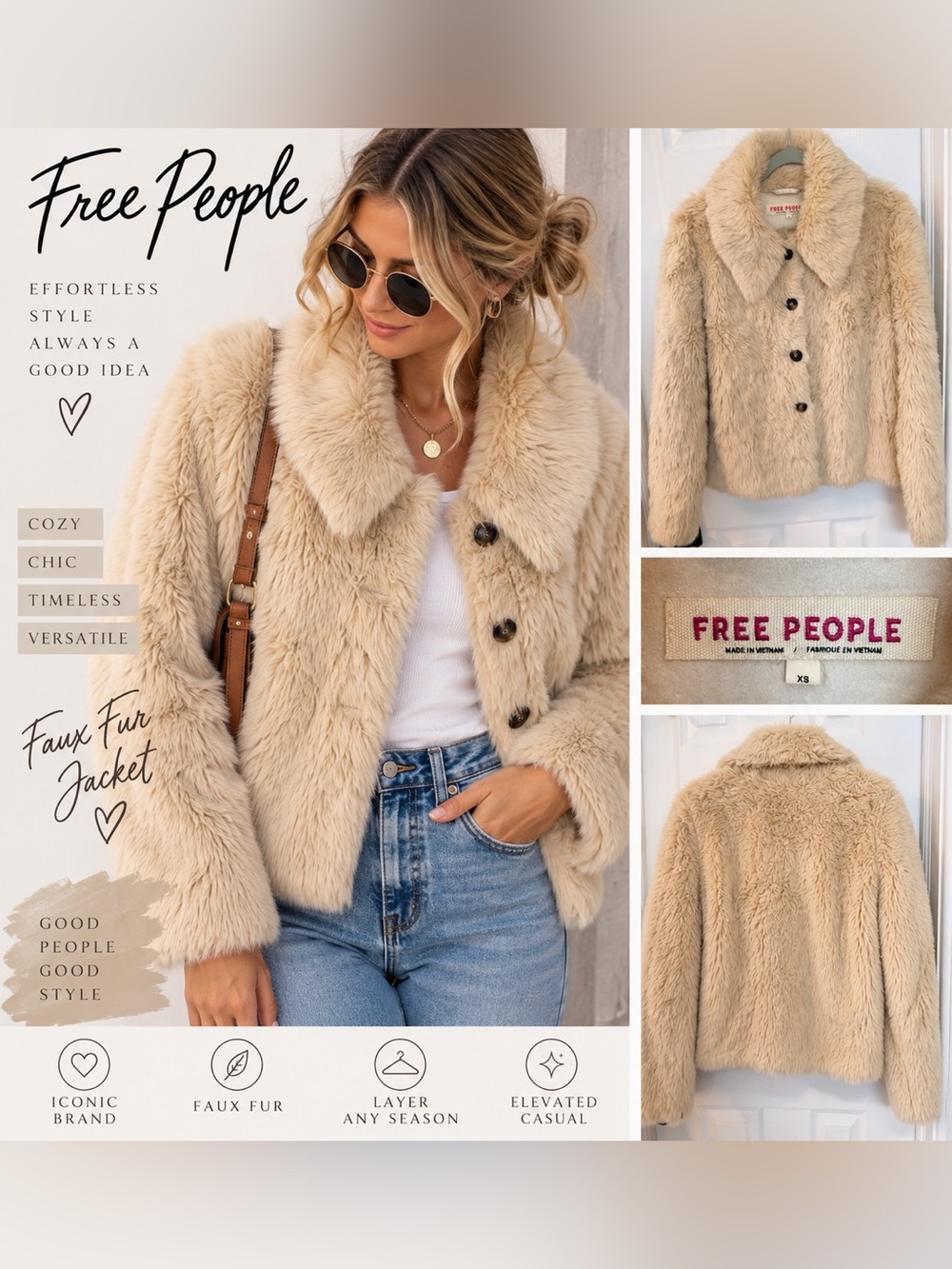 Free People Cream Faux Fur Teddy Coat - Plush Button-Front Jacket